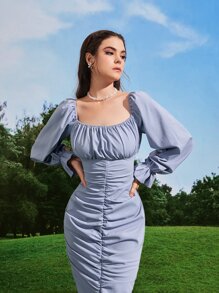 Modelyn Vestido de manga con volante fruncido bajo con fruncido