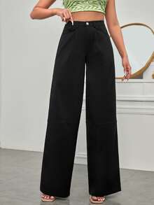 SHEIN Quần nữ Nút Túi Dây kéo màu trơn Giải trí - màu đen - Xem 3