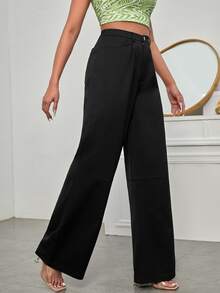 SHEIN Quần nữ Nút Túi Dây kéo màu trơn Giải trí - màu đen - Xem 5