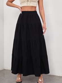 SHEIN Essnce Elastic Waist Ruffle Hem Skirt - Black - View 1