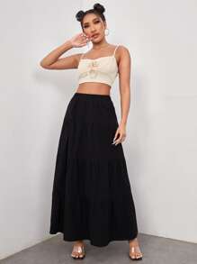 SHEIN Essnce Elastic Waist Ruffle Hem Skirt - Black - View 5