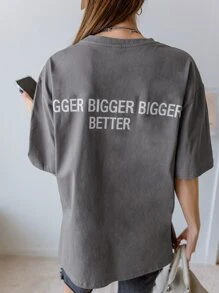 DAZY In Khẩu hiệu Áo thun Thả vai - Xám - Xem 3