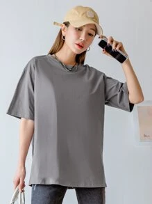 DAZY In Khẩu hiệu Áo thun Thả vai - Xám - Xem 4