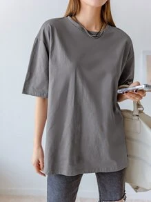 DAZY In Khẩu hiệu Áo thun Thả vai - Xám - Xem 6