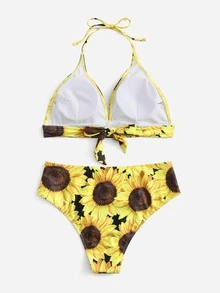 Plus Size Sunflower Print Halter Bikini Set Summer Beach - Multicolor - View 2