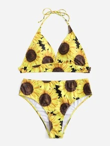 Plus Size Sunflower Print Halter Bikini Set Summer Beach - Multicolor - View 3