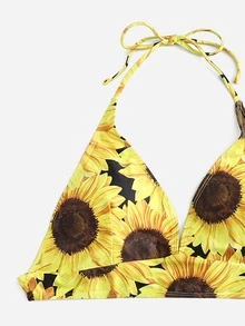 Plus Size Sunflower Print Halter Bikini Set Summer Beach - Multicolor - View 4
