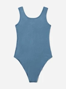 SHEIN Privé Áo liền quần ôm nữ Dây kéo Gân đan màu trơn Giải trí - Màu xanh bụi bặm - Xem 2