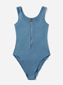 SHEIN Privé Áo liền quần ôm nữ Dây kéo Gân đan màu trơn Giải trí - Màu xanh bụi bặm - Xem 3