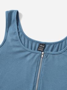 SHEIN Privé Áo liền quần ôm nữ Dây kéo Gân đan màu trơn Giải trí - Màu xanh bụi bặm - Xem 4