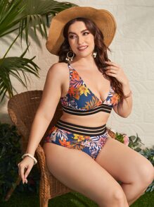 Plus Size Floral Print Mesh Hem Bikini Set Summer Beach - Multicolor - View 4