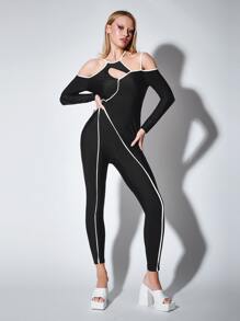 SHEIN Unity Đơn vị Nữ Cắt ra Buộc lại Tương phản ràng buộc màu trơn - màu đen - Xem 1