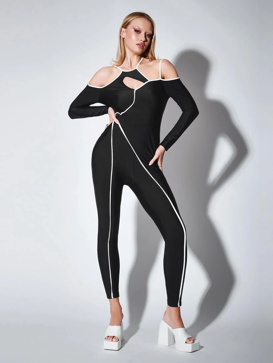 SHEIN Unity Đơn vị Nữ Cắt ra Buộc lại Tương phản ràng buộc màu trơn - màu đen - Xem 1