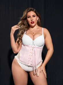 Plus Lace Up Front Corset - Baby Pink - View 3