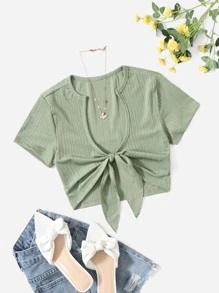 SHEIN EZwear Áo nữ Gân đan Thắt nơ trước màu trơn Gợi cảm - Màu xanh Bạc hà - Xem 1