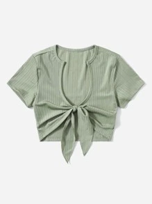 SHEIN EZwear Áo nữ Gân đan Thắt nơ trước màu trơn Gợi cảm - Màu xanh Bạc hà - Xem 3