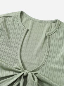 SHEIN EZwear Áo nữ Gân đan Thắt nơ trước màu trơn Gợi cảm - Màu xanh Bạc hà - Xem 5