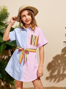 SHEIN 女孩落肩袖自綁腰帶條紋圖案襯衫洋裝 - 彩色 - 查看 1