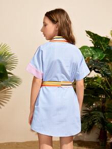 SHEIN 女孩落肩袖自綁腰帶條紋圖案襯衫洋裝 - 彩色 - 查看 2