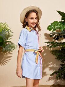 SHEIN 女孩落肩袖自綁腰帶條紋圖案襯衫洋裝 - 彩色 - 查看 3