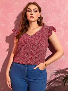 SHEIN Clasi Plus Butterfly Sleeve Allover Plants Print Top - Burgundy - View 1