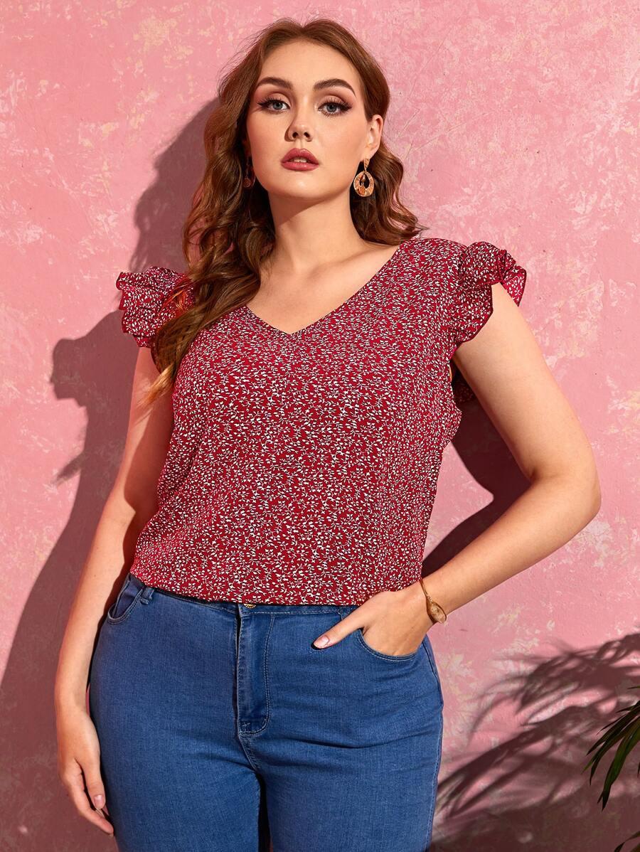 SHEIN Clasi Plus Butterfly Sleeve Allover Plants Print Top - Burgundy - View 1