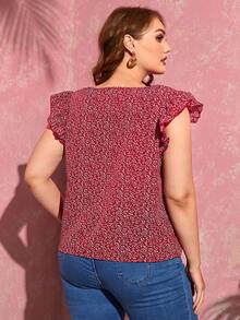 SHEIN Clasi Plus Butterfly Sleeve Allover Plants Print Top - Burgundy - View 2