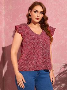 SHEIN Clasi Plus Butterfly Sleeve Allover Plants Print Top - Burgundy - View 3