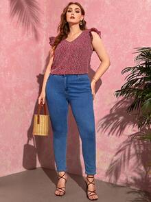 SHEIN Clasi Plus Butterfly Sleeve Allover Plants Print Top - Burgundy - View 4