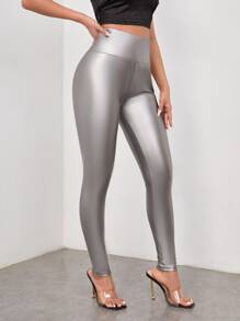 SHEIN BAE Solid Skinny PU Leather Trousers - Grey - View 1