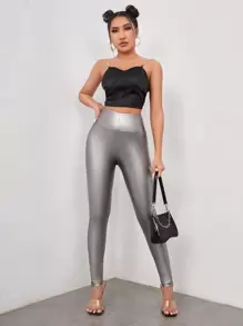 SHEIN BAE Solid Skinny PU Leather Trousers - Grey - View 3