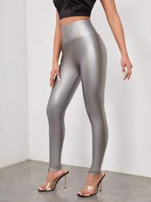 SHEIN BAE Solid Skinny PU Leather Trousers - Grey - View 4