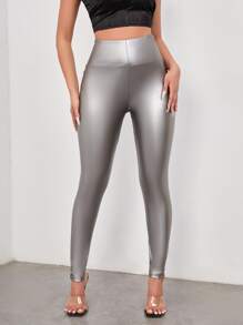 SHEIN BAE Solid Skinny PU Leather Trousers - Grey - View 5