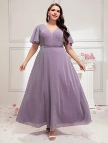 SHEIN Belle Plus Butterfly Sleeve Maxi Bridesmaid Dress - Mauve Purple - View 3