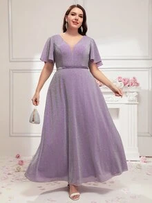 SHEIN Belle Plus Butterfly Sleeve Maxi Bridesmaid Dress - Mauve Purple - View 5