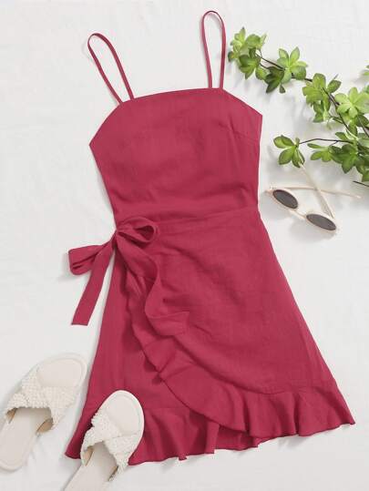 Tied Open Back Ruffle Trim Wrap Front Cami Dress