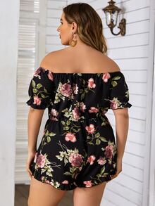 SHEIN LUNE Plus Floral Print Frill Hem Bardot Romper - Multicolor - View 2