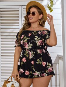 SHEIN LUNE Plus Floral Print Frill Hem Bardot Romper - Multicolor - View 3