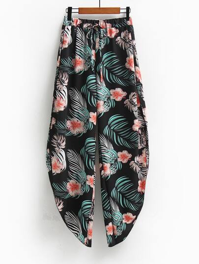 مقاس كبير بنطلون بطباعة استوائية غير متماثل بحافة شق