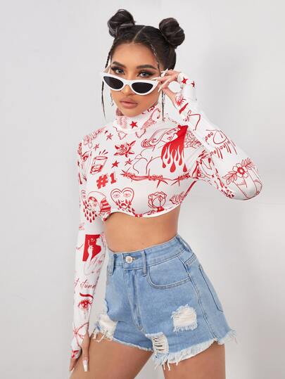 Figure Graphic Crop Thumb Hole Top