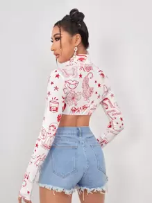 SHEIN ICON 人像圖案短款拇指孔上衣 - 紅白色 - 查看 2