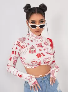 SHEIN ICON 人像圖案短款拇指孔上衣 - 紅白色 - 查看 3