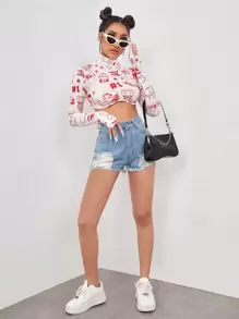 SHEIN ICON 人像圖案短款拇指孔上衣 - 紅白色 - 查看 4