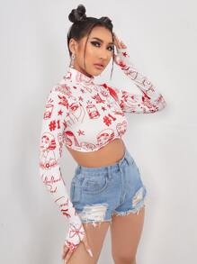 SHEIN ICON 人像圖案短款拇指孔上衣 - 紅白色 - 查看 5