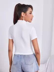 SHEIN Essnce 字母圖案小高領羅紋針織T恤 - 白色 - 查看 2