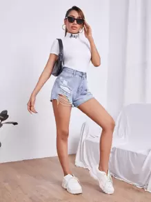 SHEIN Essnce 字母圖案小高領羅紋針織T恤 - 白色 - 查看 5