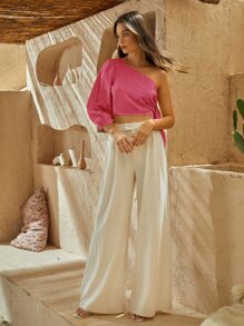 SHEIN VCAY 單肩燈籠袖側打結短款上衣 - 玫紅色 - 查看 3