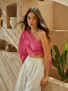 SHEIN VCAY 單肩燈籠袖側打結短款上衣 - 玫紅色 - 查看 4