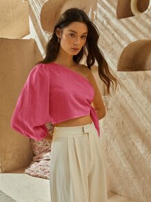 SHEIN VCAY 單肩燈籠袖側打結短款上衣 - 玫紅色 - 查看 5