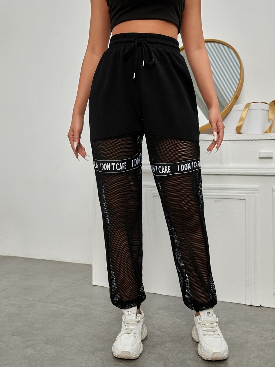 SHEIN EZwear Letter Taped Mesh Pants - Black - View 1